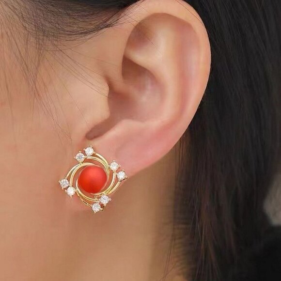 Vienna Swirl Persimmon Red Orange Pearl Crystal Accent Earrings Gift Packaged - Picture 4 of 11